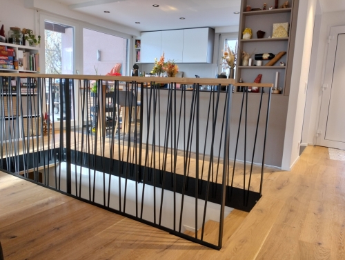 Garde-corps métallique avec barreaudage rond en oblique et main-courante en bois