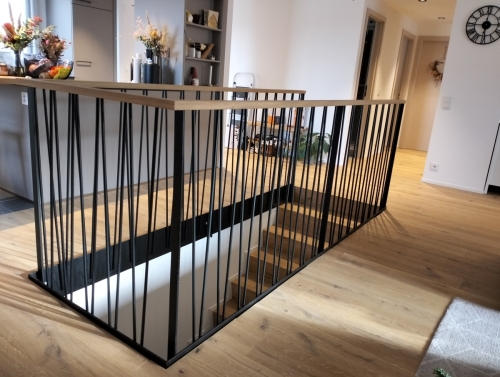 Garde-corps métallique avec barreaudage rond en oblique et main-courante en bois